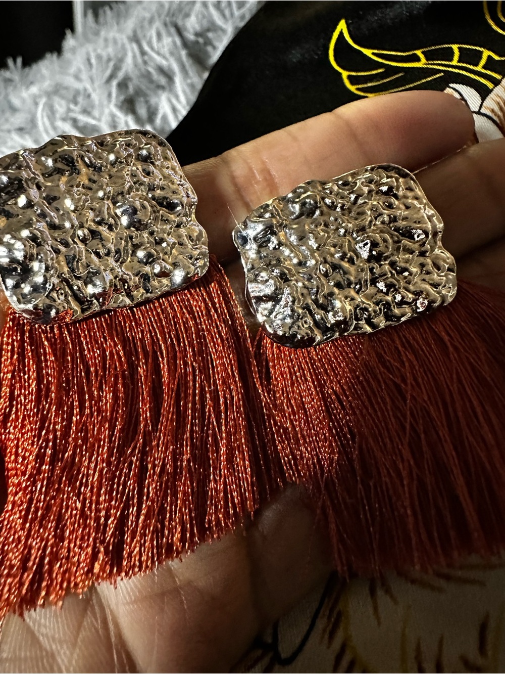 Handcrafted Silver-Tone & Rust Red Tassel Earrings